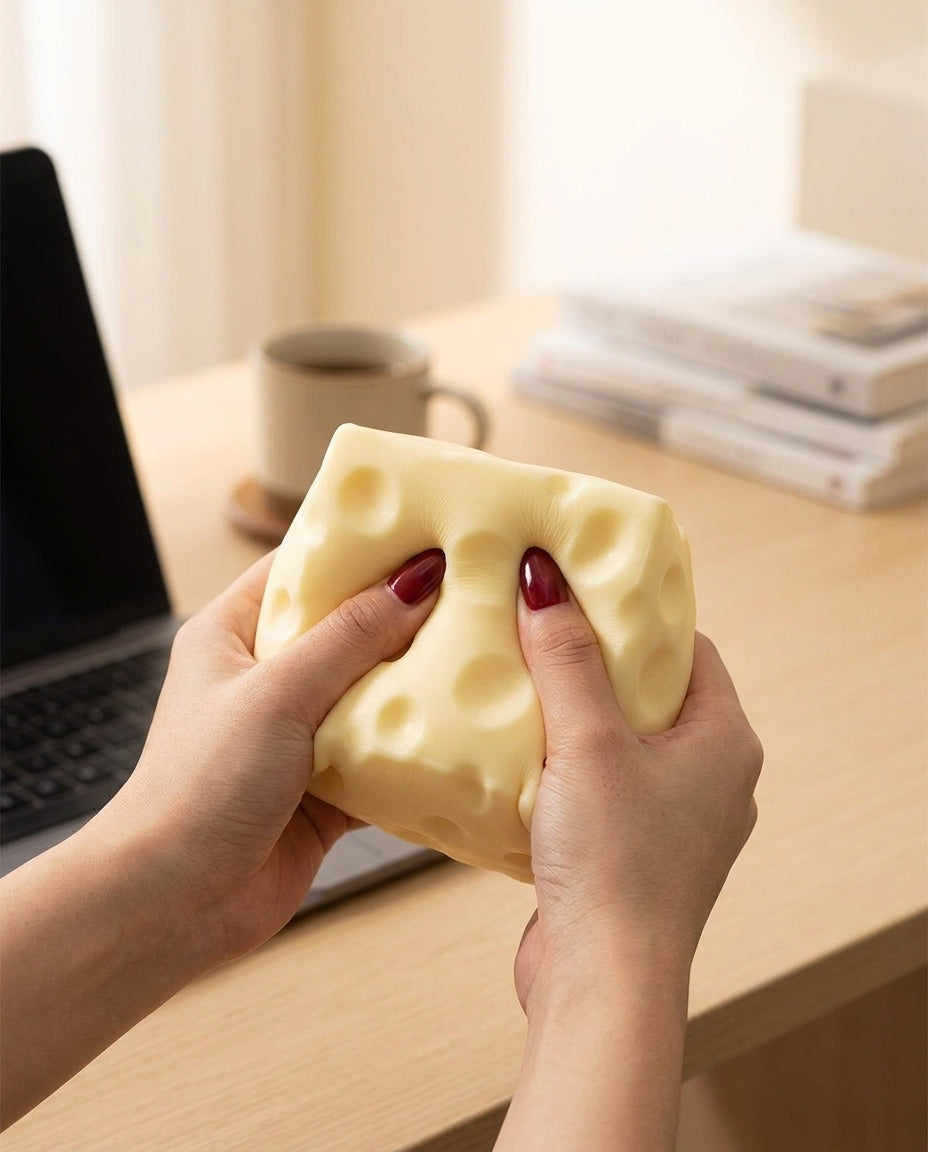 Desk Therapy: squeezing the Jumbo Cheese Squish at a desk