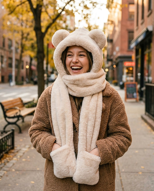 Woman laughing on a fall city street wearing the beige Bear Hug Hood with her hands in the scarf pockets