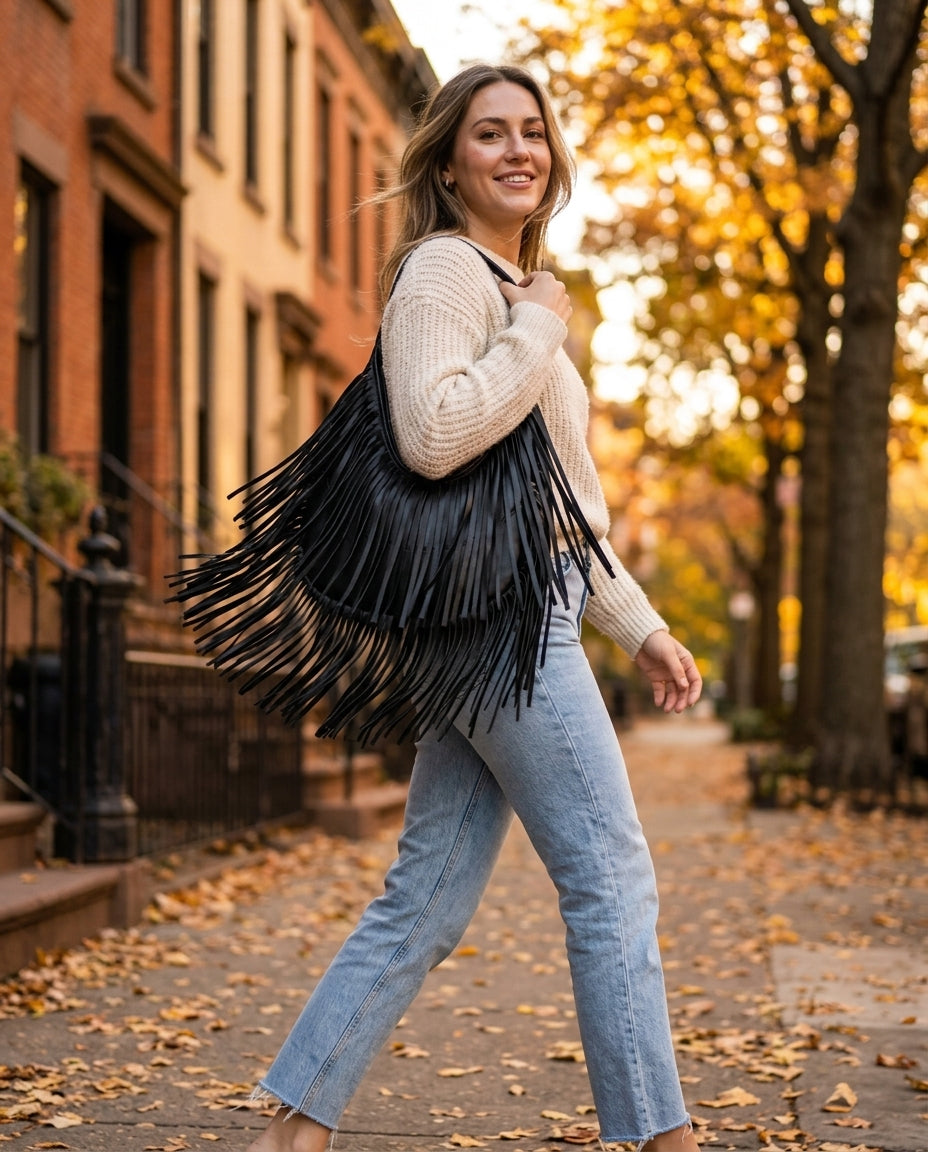 Woman walking down a fall street carrying the black Fringe Hobo on her shoulder, fringe mid-swing