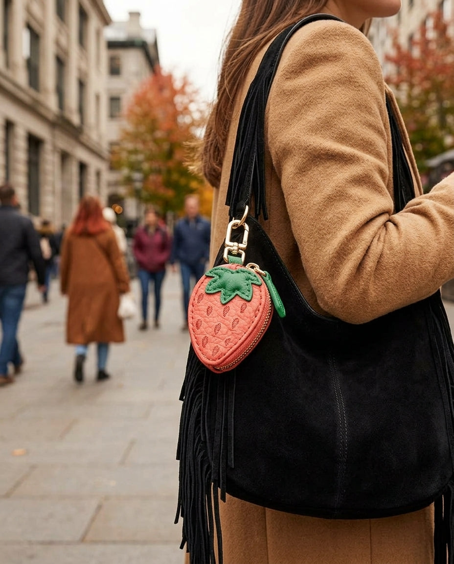Strawberry pouch charm clipped to a black fringe bag