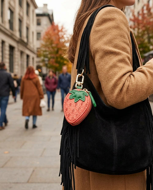 Strawberry pouch charm clipped to a black fringe bag