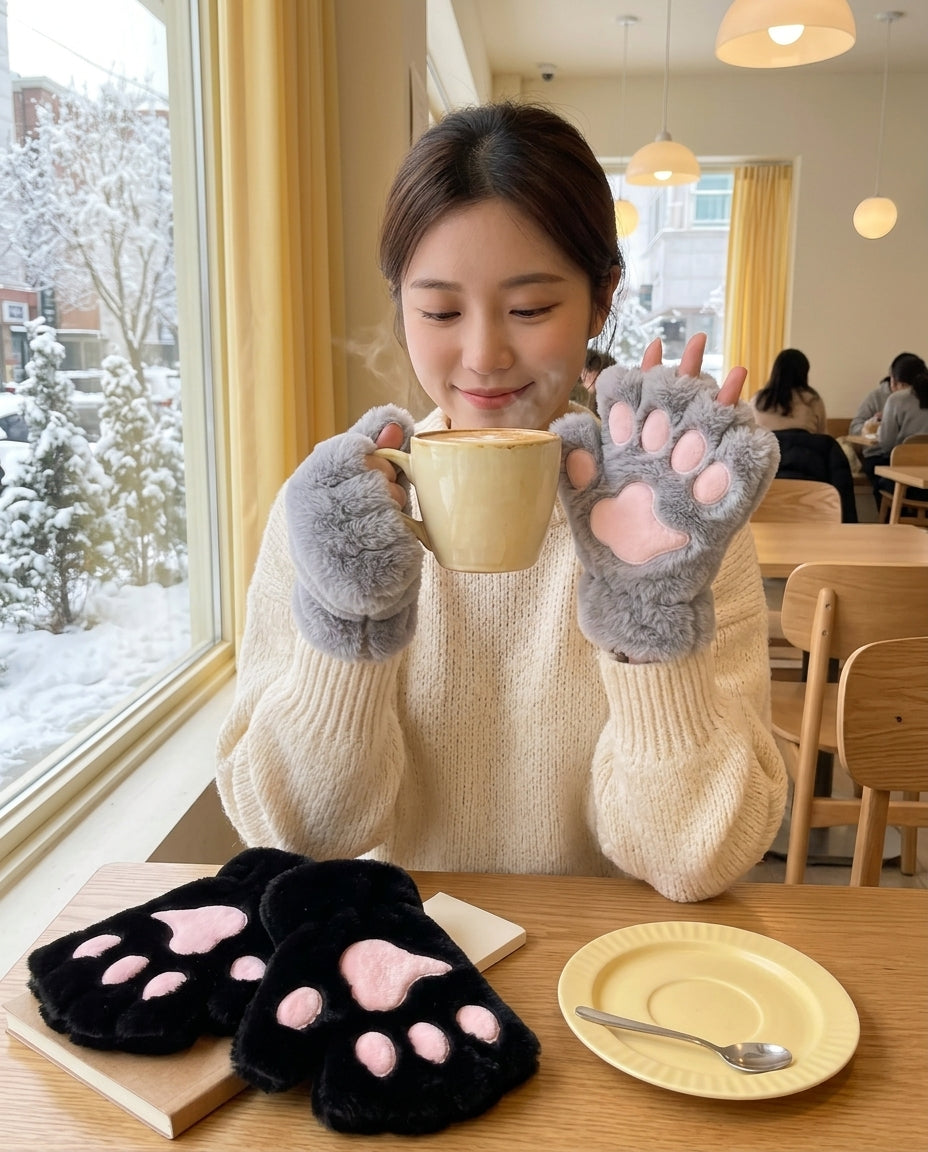 Grey plush paw mitts holding a latte in a cozy cafe